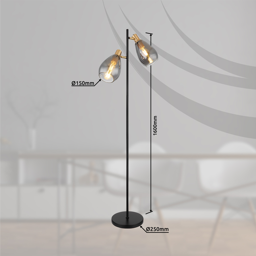 Lampadaire Fanni avec dimensions, métal noir et abat-jours en verre, idéal pour les espaces modernes, Dakar, Sénégal