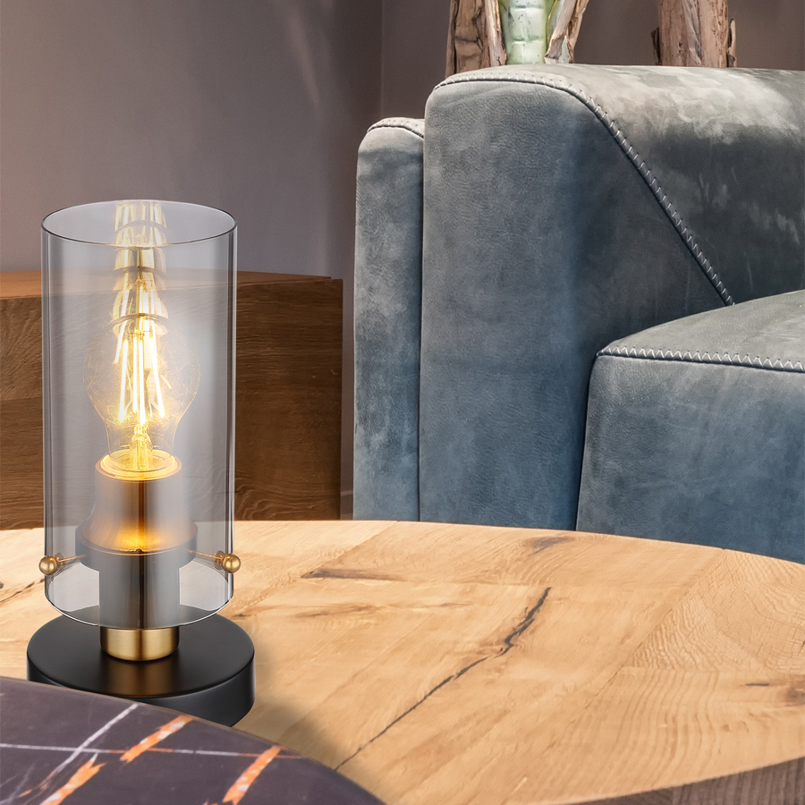 FANNI - Lampe à poser en métal noir laiton et verre fumé H26