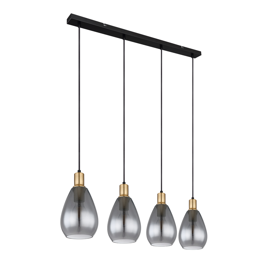 Lustre Fanni avec ses 4 abat-jours en verre fumé éclairés - ambiance moderne et chaleureuse.