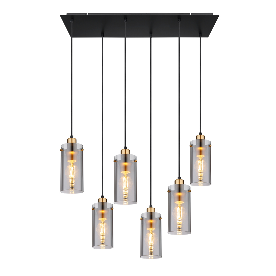 Lustre Fanni 6 lampes en métal noir mat et verre fumé suspendu, idéal pour une cuisine élégante - Dakar, Sénégal.