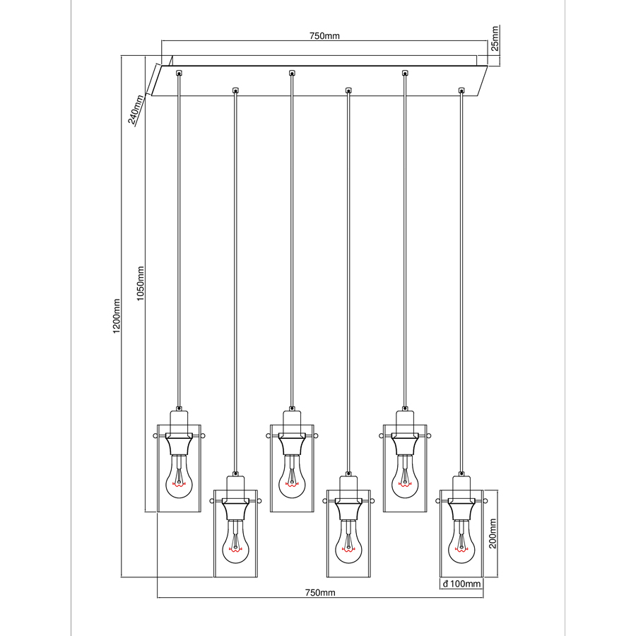 chéma technique du lustre Fanni à six lampes avec dimensions détaillées - Dakar, Sénégal.