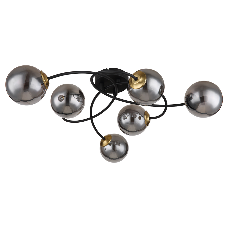 Lustre Jorge 6 lampes en métal noir et verre fumé, design moderne avec boules en verre, Dakar, Sénégal.