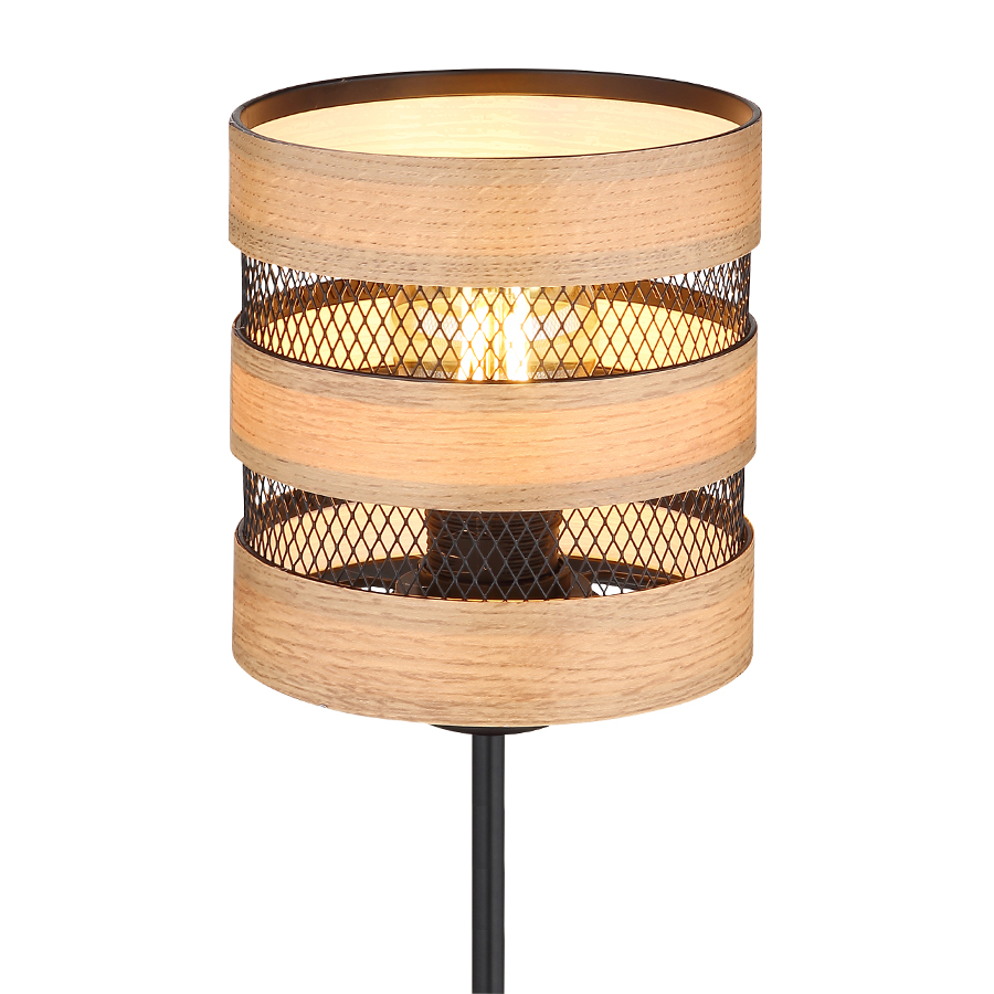 SOENI - Lampe à poser en métal mat, grille noir et bois naturel H40