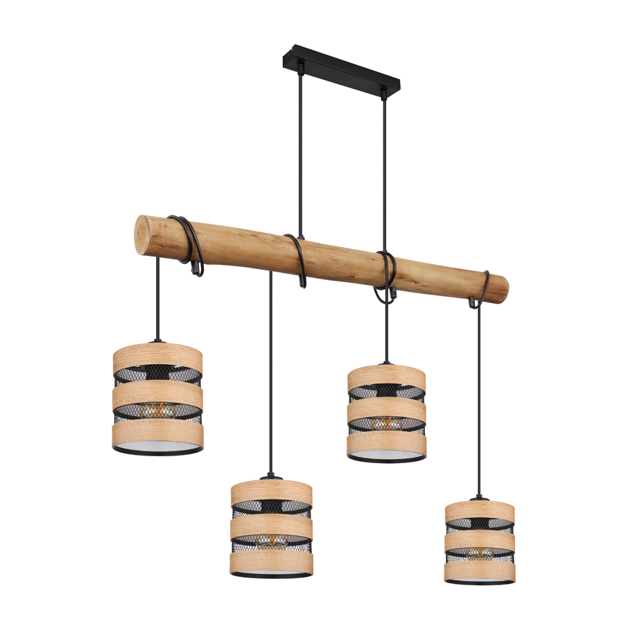 Lustre Soeni 4 lampes avec structure en bois naturel et abat-jour métal noir - Vue de côté. Dakar, Sénégal