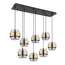 Lustre Milley 8 lampes en métal noir mat et verre fumé avec anneau en laiton suspendu pour une touche moderne et élégante dans un salon.