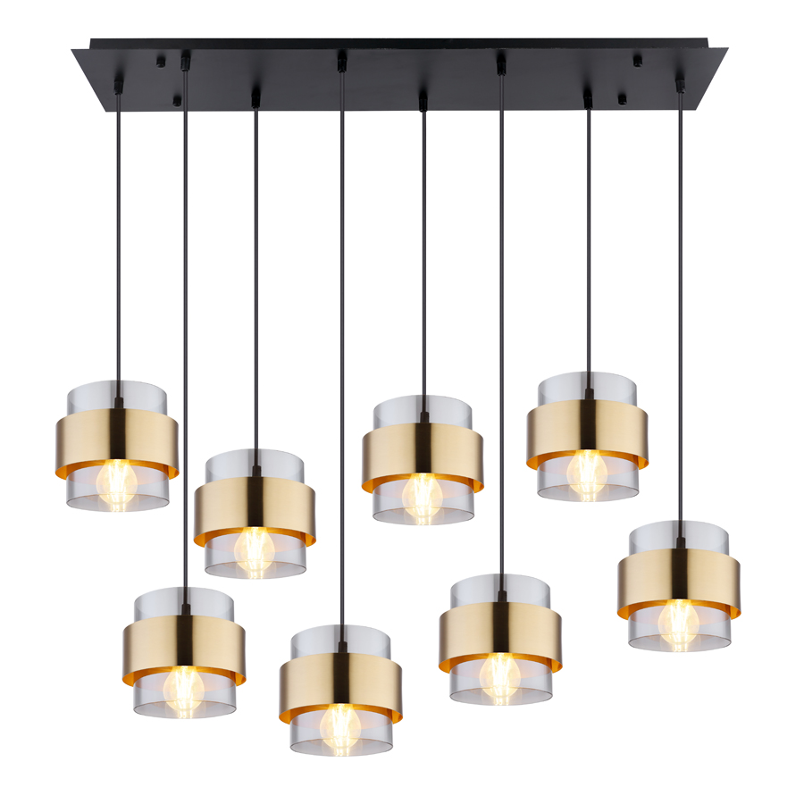 Détails lampes du lustre Milley à 8, combinant métal noir mat et verre fumé avec des accents en laiton raffiné.