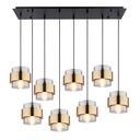 Détails lampes du lustre Milley à 8, combinant métal noir mat et verre fumé avec des accents en laiton raffiné.