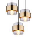 Vue rapprochée du lustre Milley, mettant en valeur les abat-jours en verre fumé et l'anneau en laiton pour un design chic et contemporain.