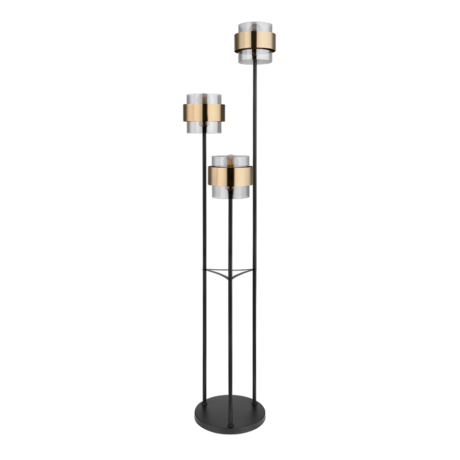Lampadaire Milley 3 lampes en métal noir mat avec verre fumé et anneau de laiton à Dakar, Sénégal