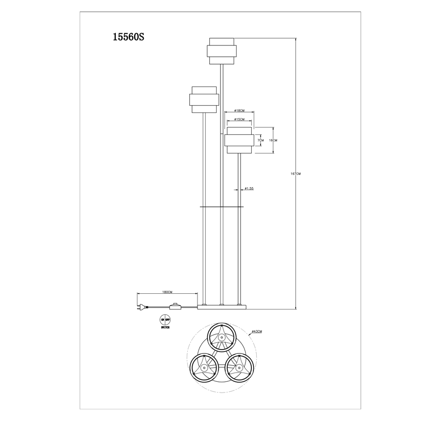 Dimensions du lampadaire Milley 3 lampes en métal noir mat avec verre fumé et anneau de laiton à Dakar, Sénégal