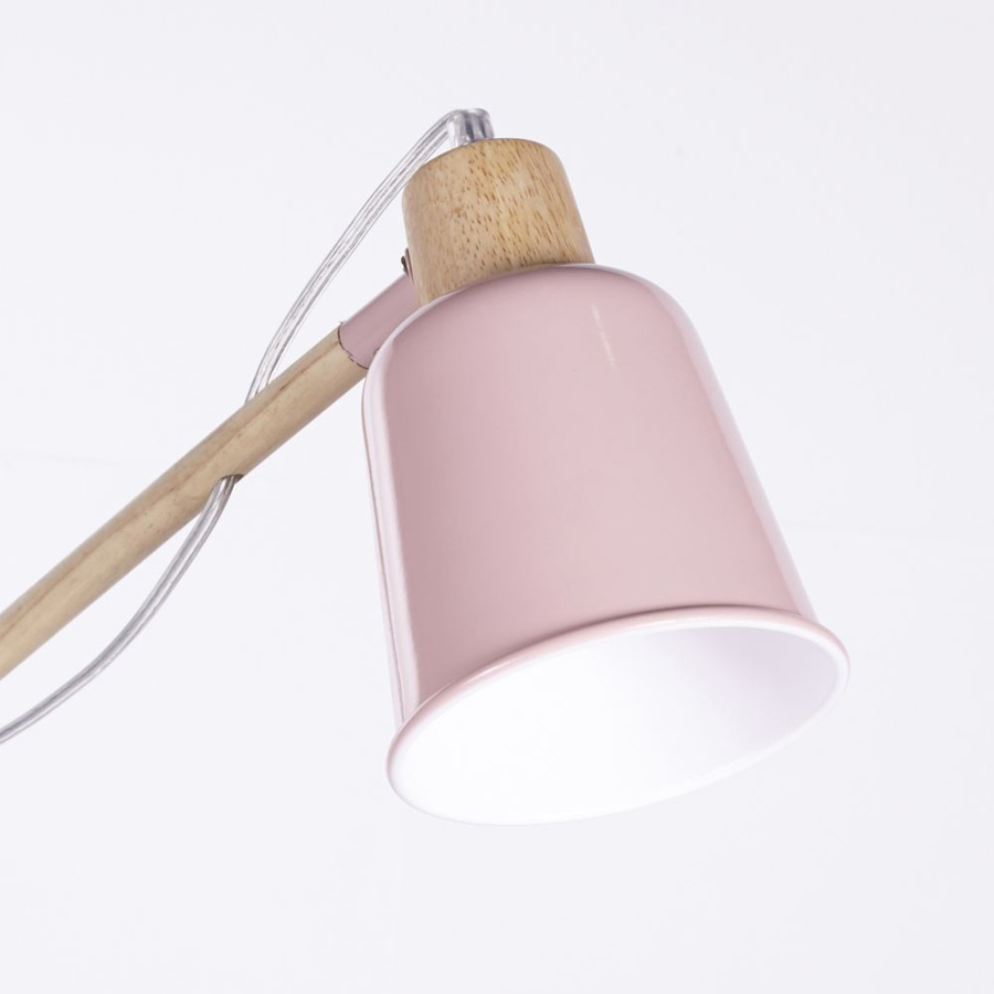 Lampadaire ajustable en métal rose et bois d'hévéa H149