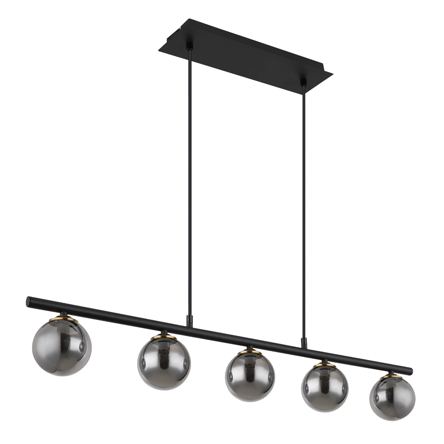 Lustre 5 lampes Jorge en métal noir et verre fumé, design moderne, idéal pour salle à manger - Dakar, Sénégal.