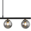 Zoom sur une lZoom sur une lampe du lustre Jorge, verre fumé et métal noir - Dakar, Sénégal.