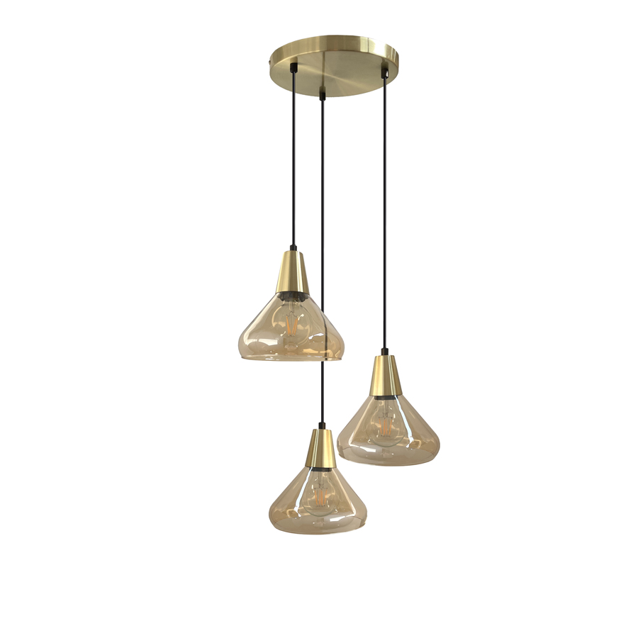 Lustre 3 lampes andrew en métal laiton brossé et verre ambre clair Dakar , Sénégal