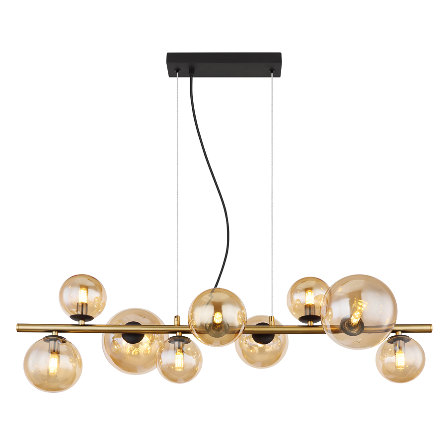 Lustre 9 lampes riha en métal noir, laiton et verre ambre Dakar , Sénégal