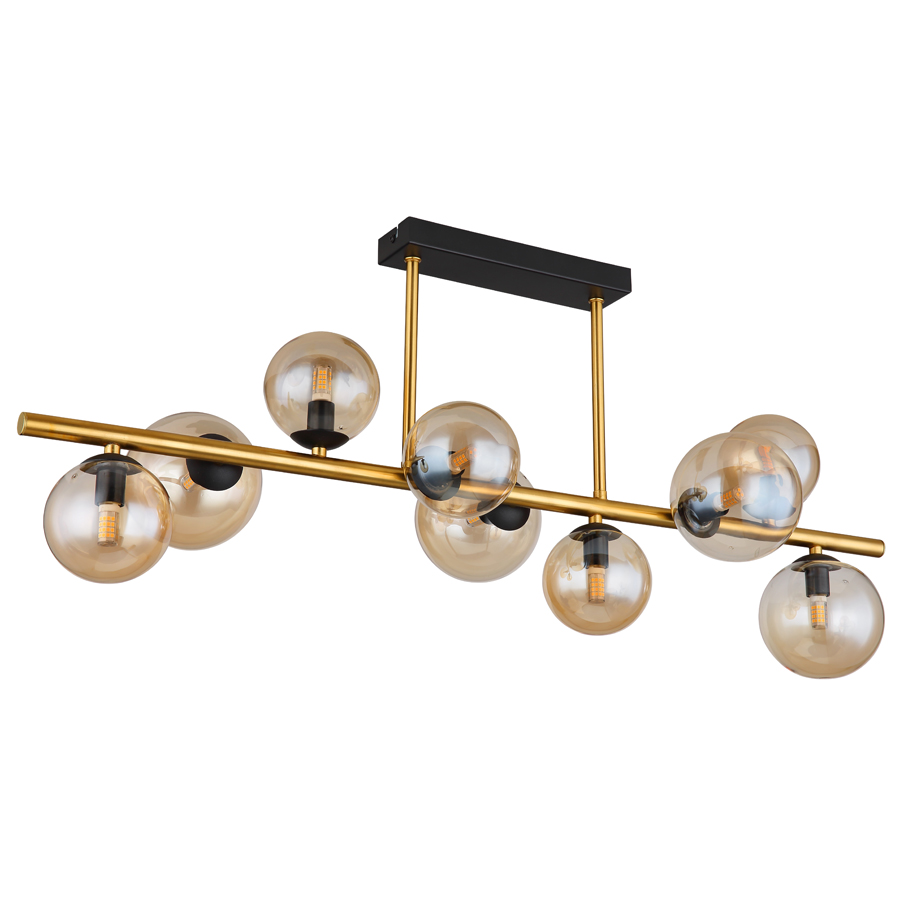Lustre plafonnier Riha à 9 lampes en métal noir, laiton et verre ambre – Idéal pour un intérieur raffiné – Dakar, Sénégal.