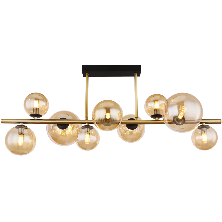 Zoom sur les lampes du lustre plafonnier Riha à 9 lampes en métal noir, laiton et verre ambre – Élégance et style – Dakar, Sénégal.