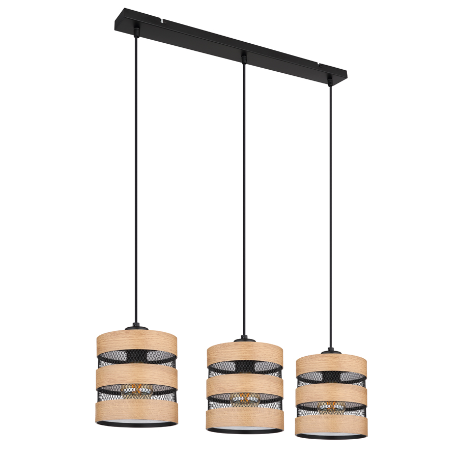 SOENI - Lustre 3 lampes en métal noir et bois naturel L.75