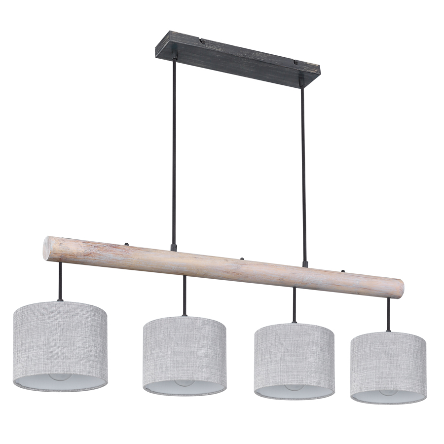 ROGER - Lustre 4 lampes en métal noir mat, bois et textile gris