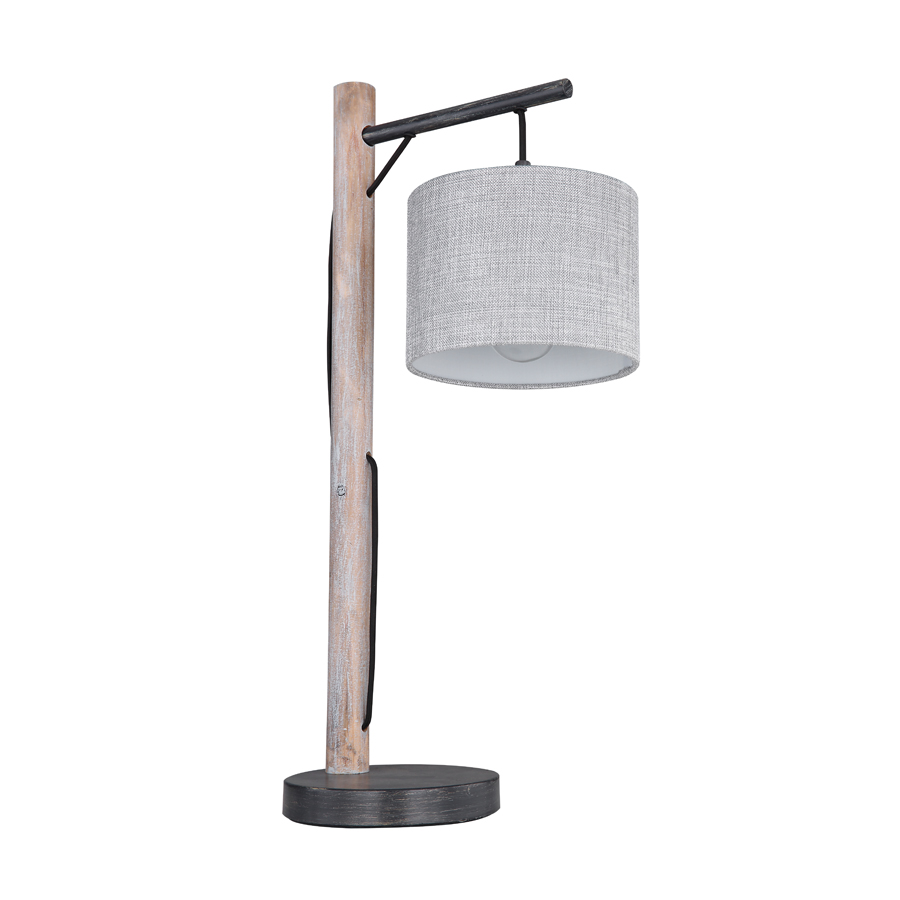ROGER - Lampe à poser en métal noir mat, bois et textile gris H59,5