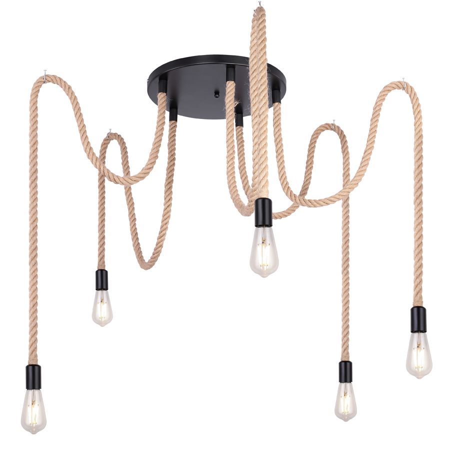ULLEU - Lustre 5 lampes en métal noir et corde chanvre marron Ø40