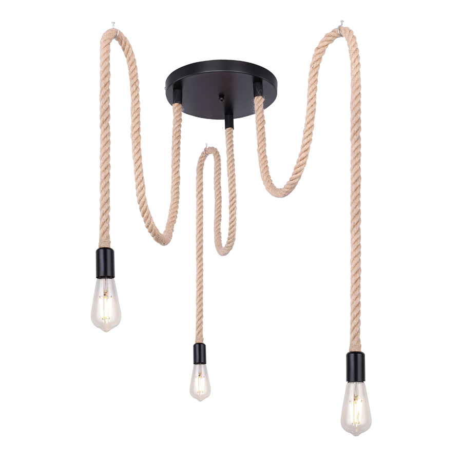 ULLEU - Lustre 3 lampes en métal noir et corde chanvre marron Ø30