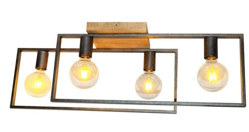 Plafonnier 4 lampes Tiles en métal gris, acier et bois naturel pour éclairage intérieur - Dakar, Sénégal
