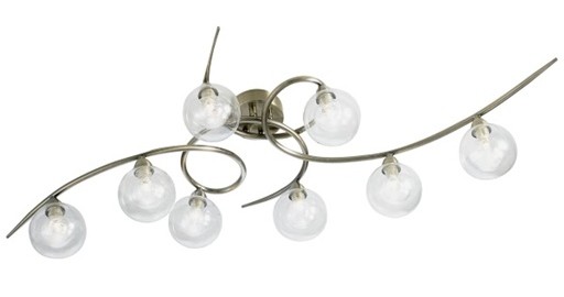Lustre/plafonnier design à 8 lampes en métal nickel satiné et verre transparent – Éclairage moderne et élégant – Dakar, Sénégal.
