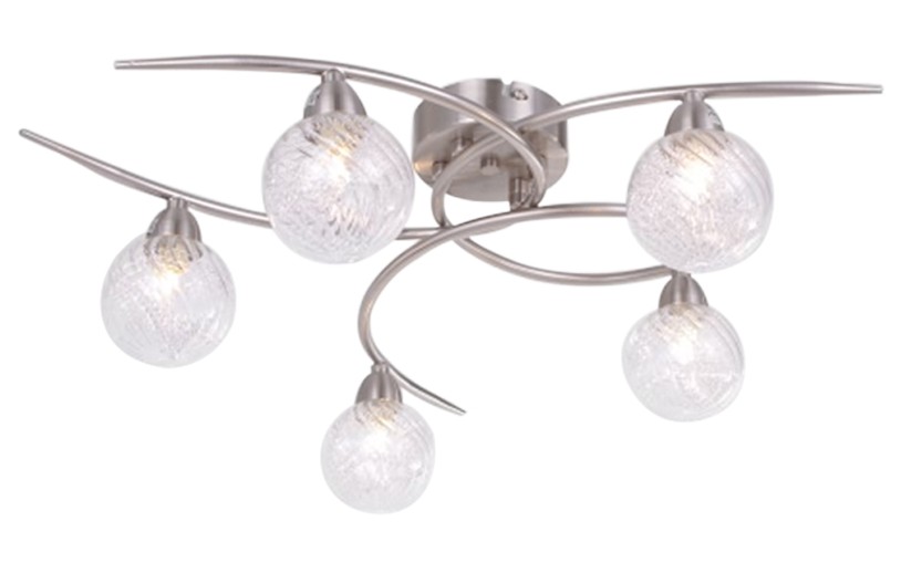 Plafonnier Design à 5 lampes en métal nickel satiné et verre transparent – Parfait pour un éclairage contemporain et raffiné – Dakar, Sénégal.