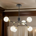 Lustre 6 lampes éclat en métal noir, laiton et verre transparent