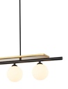 Vue agrandie sur le détail du lustre 4 lampes Champagne en métal noir, laiton et verre blanc