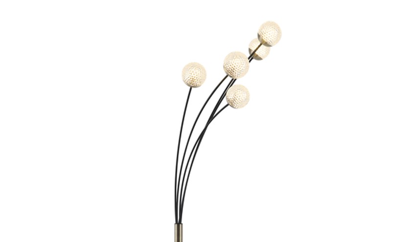 Zoom sur les détails du lampadaire Nectar 5 lampes en métal noir doré et verre transparent