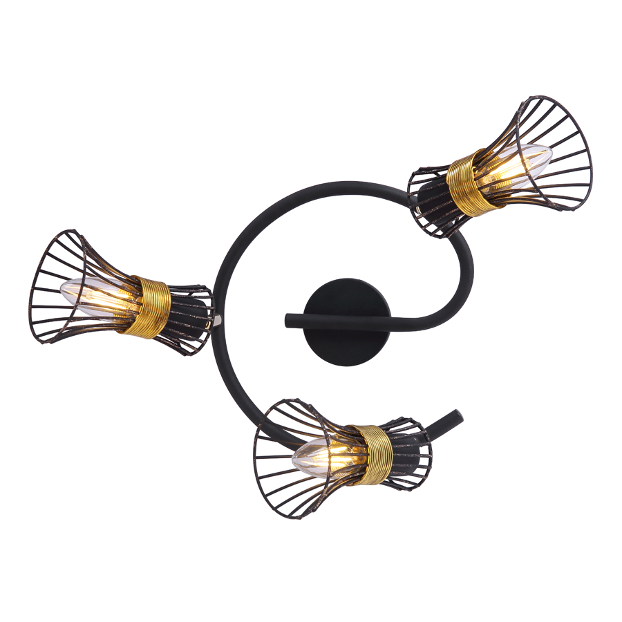 PURRA - Spot / Plafonnier 3 lampes en métal doré et tiges métalliques noirs