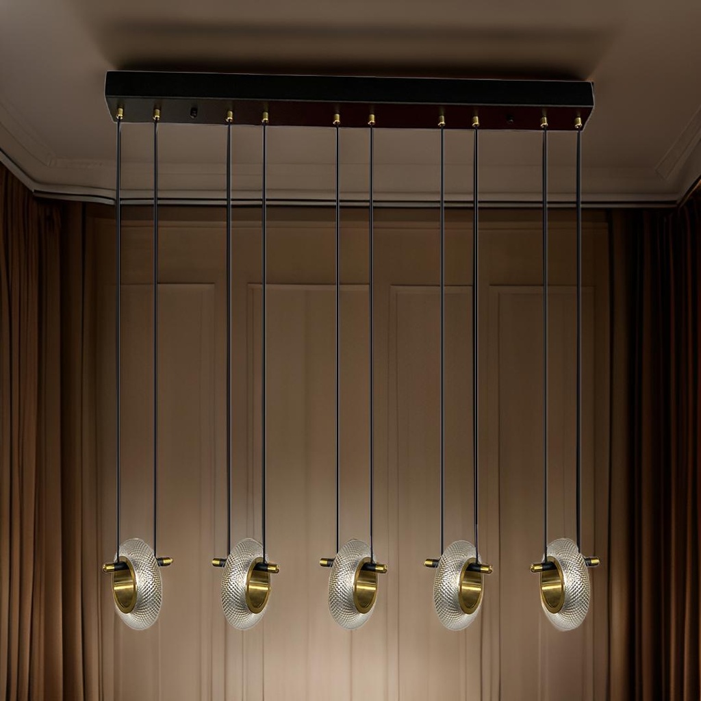 Lustre 5 lampes LED Austral en métal noir et or, cristal acrylique