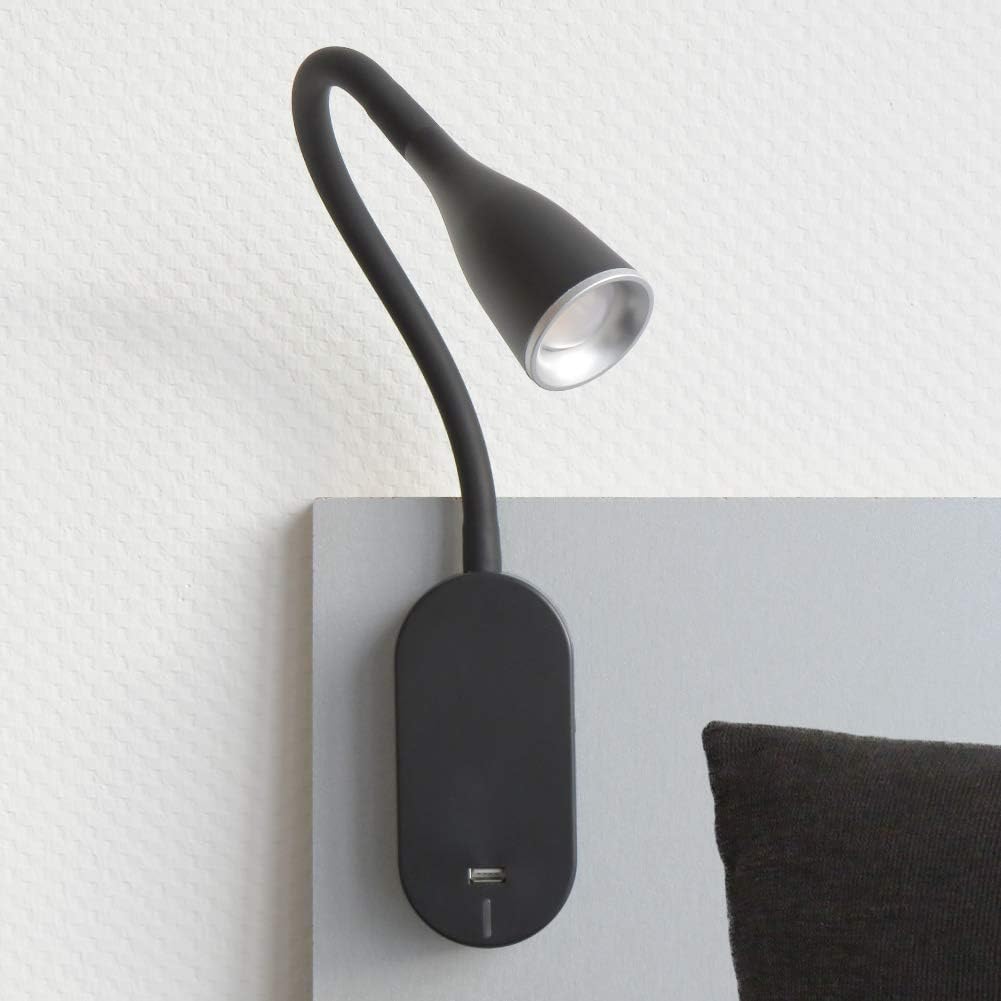 Lampe de bureau LED Pixia en métal silicone noir avec port USB