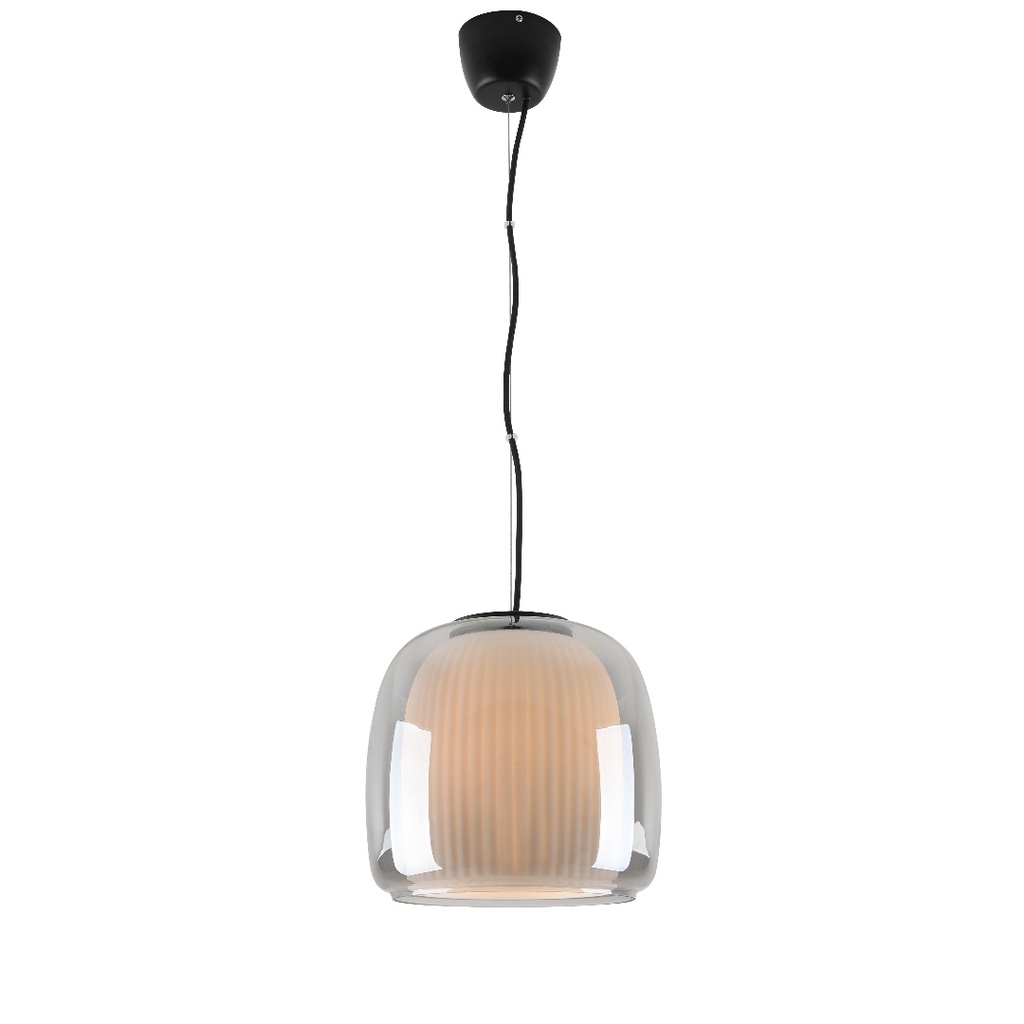 Suspension Lunox en métal noir et verre transparent fumé avec abat-jour interne opaque