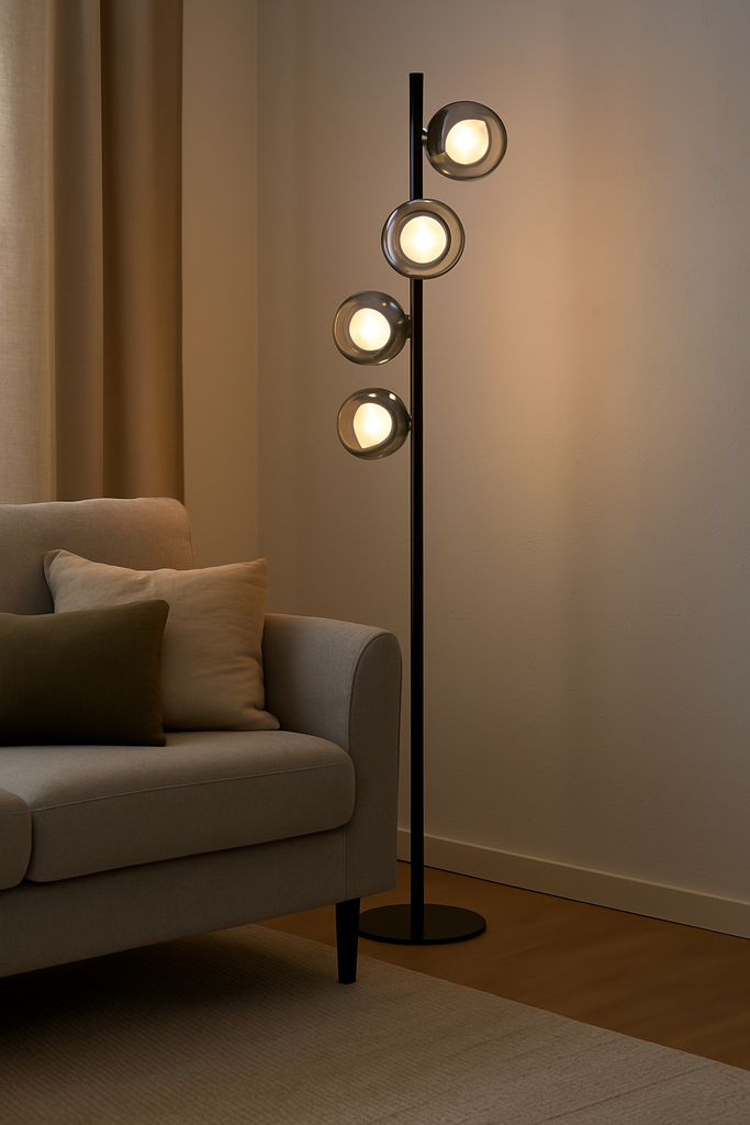 Lampadaire Zora 5 lampes en métal noir mat avec verre fumé opale