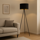 Lampadaire trépied Carpara en métal avec abat-jour noir mat doré