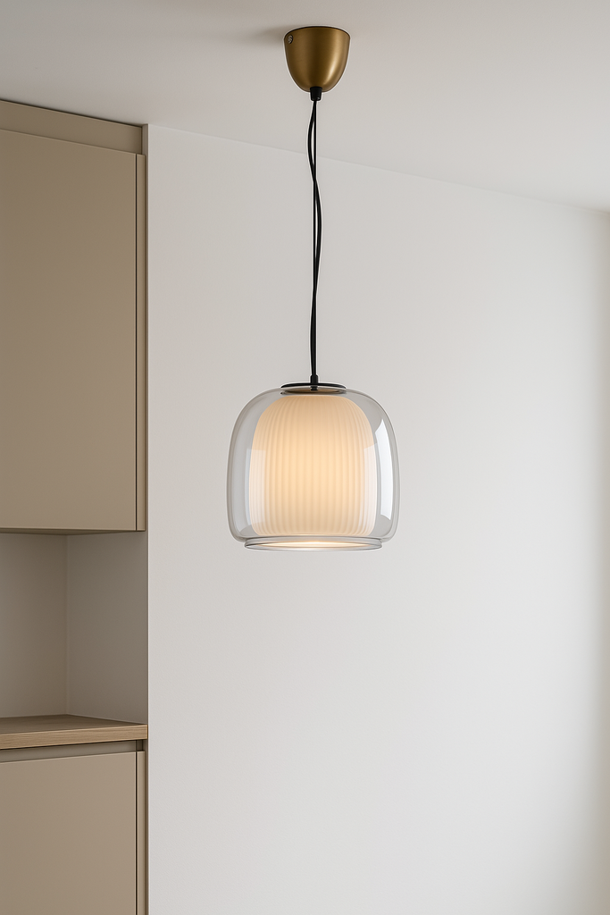 Suspension Lunox en métal laiton et verre transparent avec abat-jour interne opaque blanc