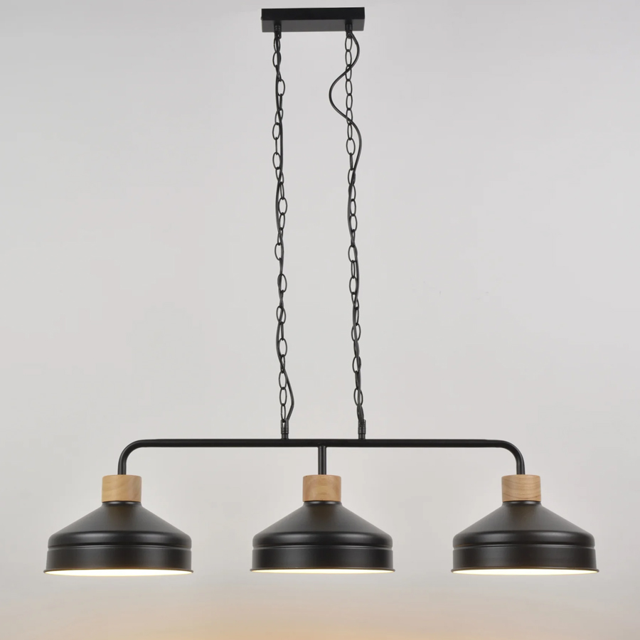 CLAYTON - Lustre 3 lampes industrielle en métal noir / bois