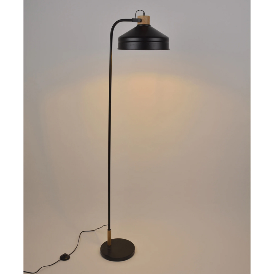 CLAYTON - Lampadaire en métal noir et bois naturel H161