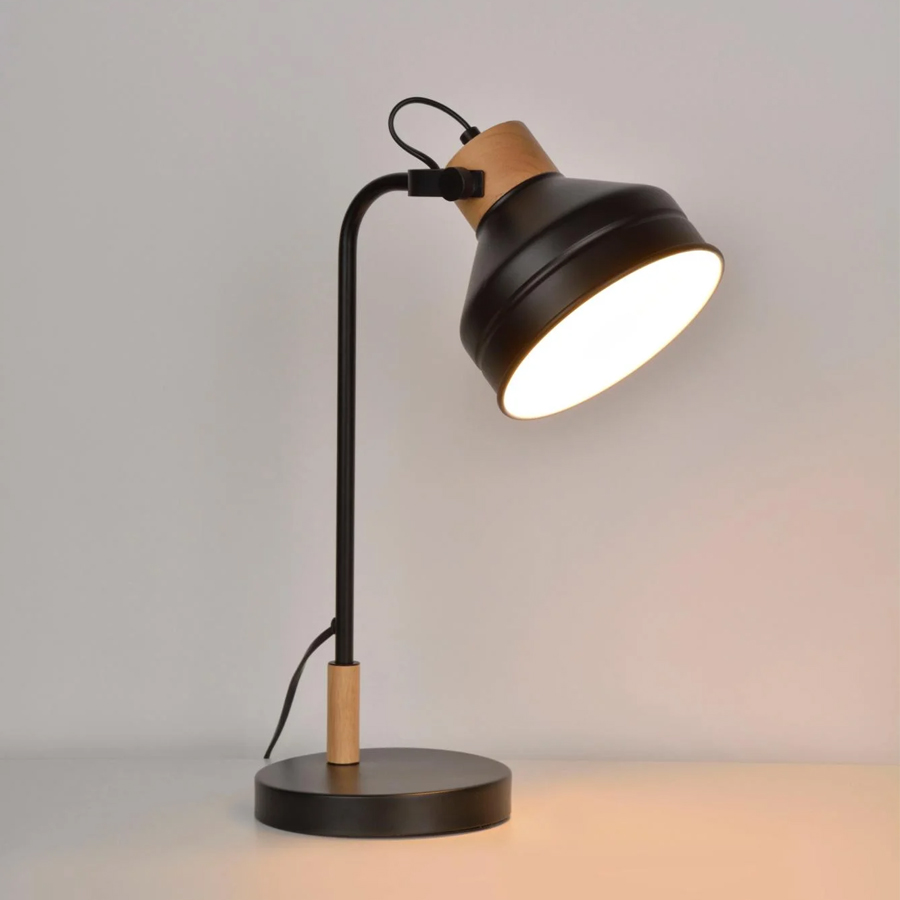 CLAYTON - Lampe à poser en métal noir et bois naturel H44