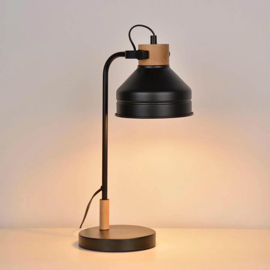 CLAYTON - Lampe à poser en métal noir et bois naturel H44