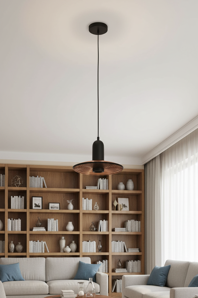 Suspension industriel avec abat-jour en métal finition noir et verre café