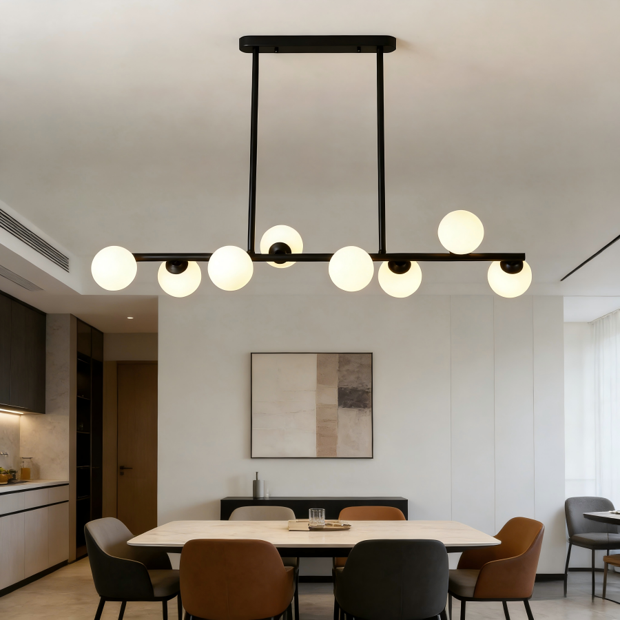 Lustre Terra 8 lampes en métal doré et verre blanc