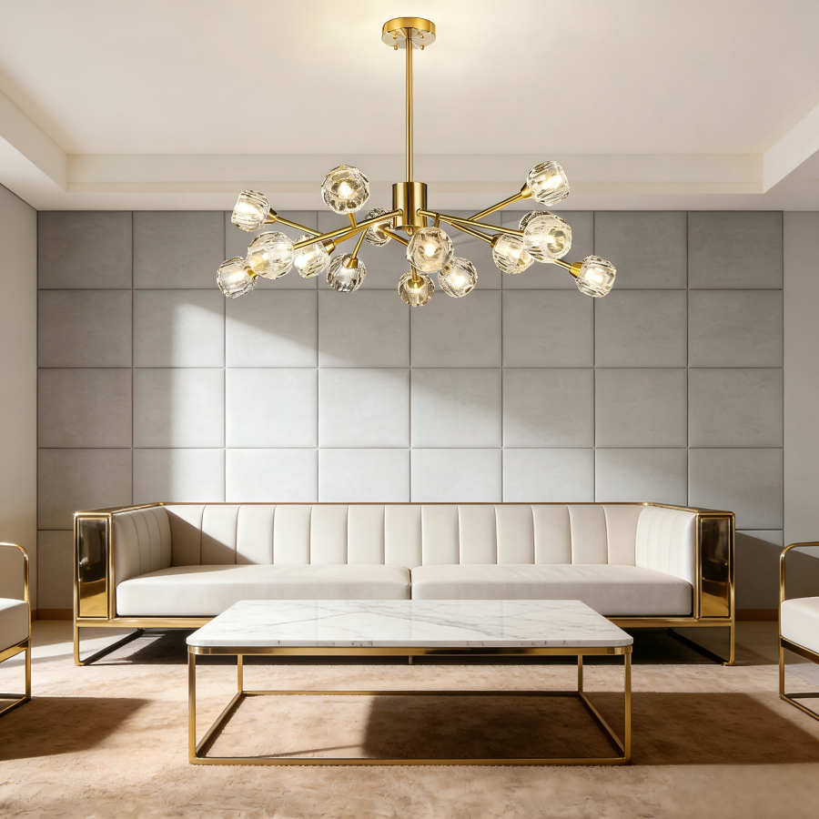 Lustre Diamant 15 lampes en métal laiton et verre cristal