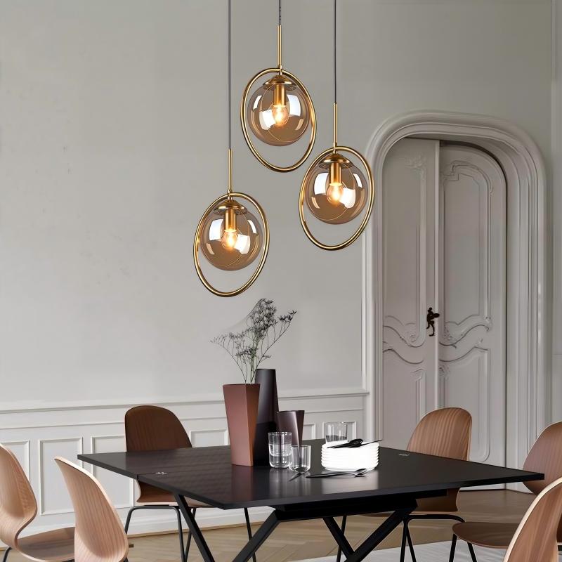 Lustre Industrielle 3 lampes en metal doré et boule en verre fumé