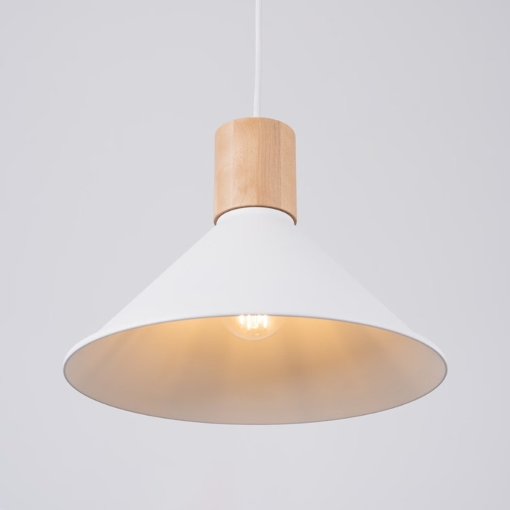Suspension cône scandinave en métal blanc et bois marron