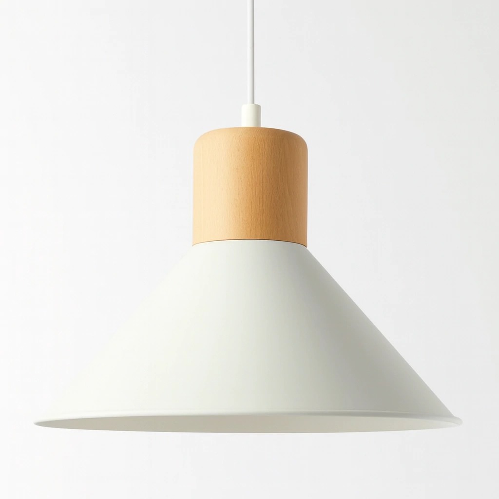 Lustre 3 lampes cône linéaires en métal blanc et bois marron