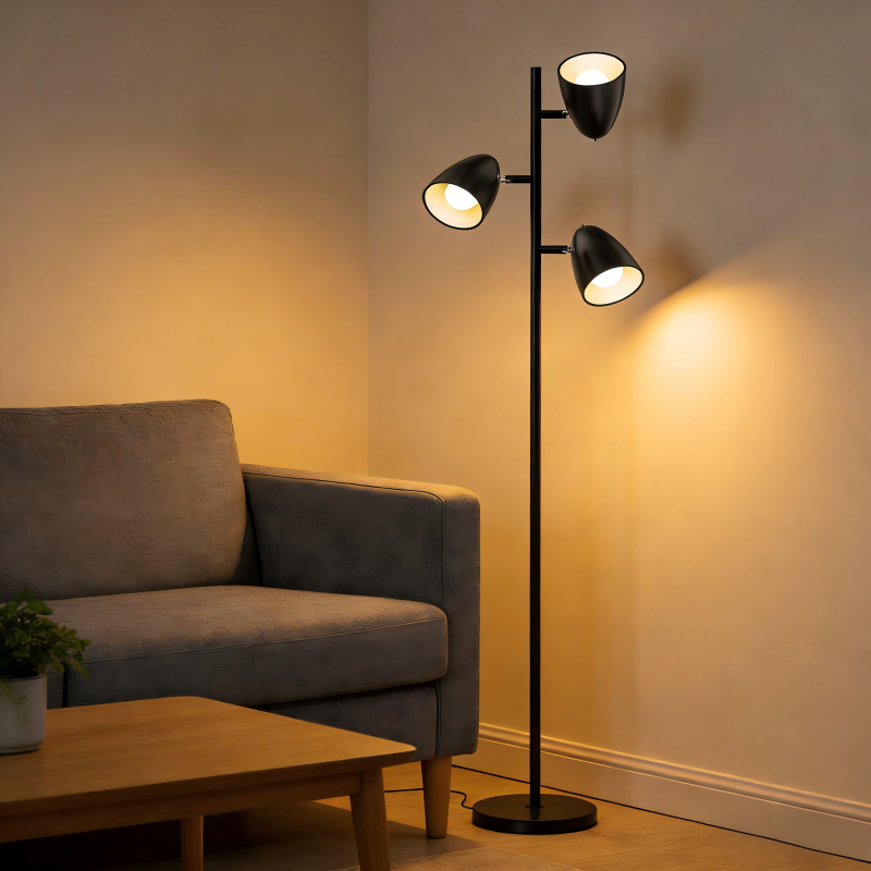 Lampadaire 3 lampes en métal et abat-jour en métal noir